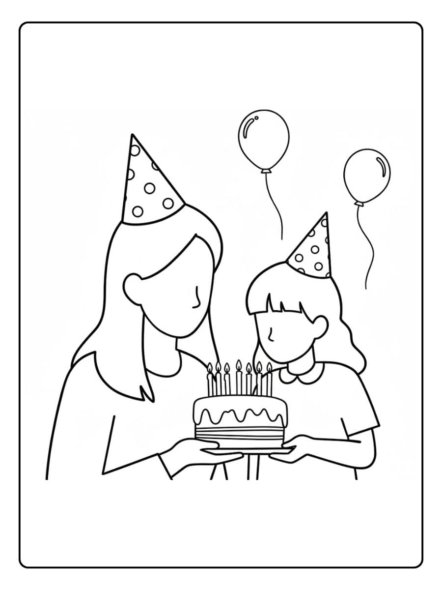Kleurplaat verjaardag mama en dochter met taart en ballonnen
