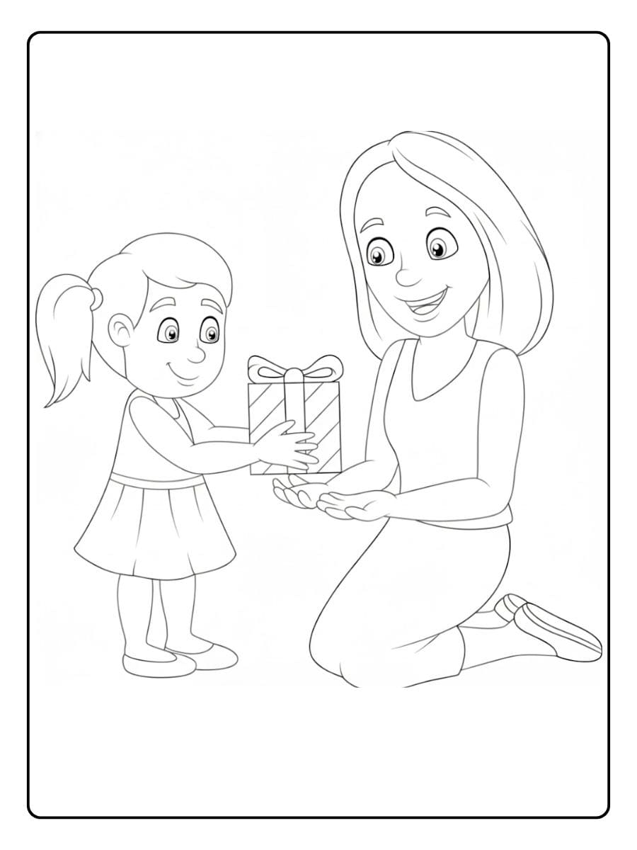 Kleurplaat verjaardag mama meisje cadeau geven