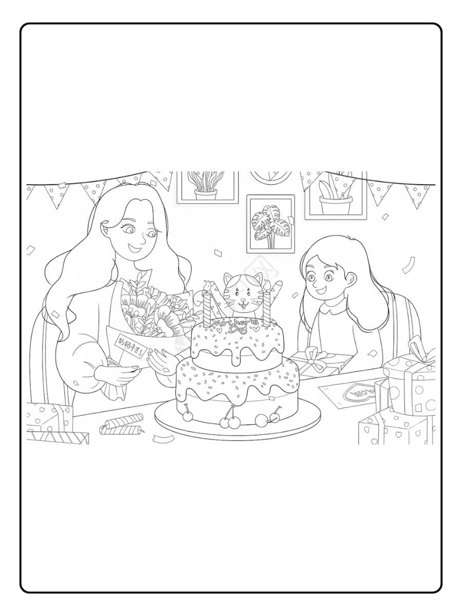 Kleurplaat verjaardag mama met dochter en taart