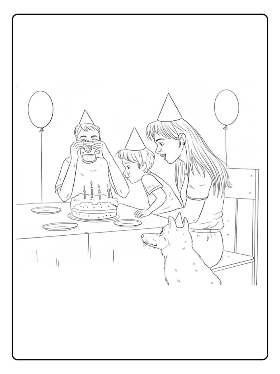 Kleurplaat verjaardag mama Gezinsmoment met taart en hondKleurplaat verjaardag mama Gezinsmoment met taart en hond