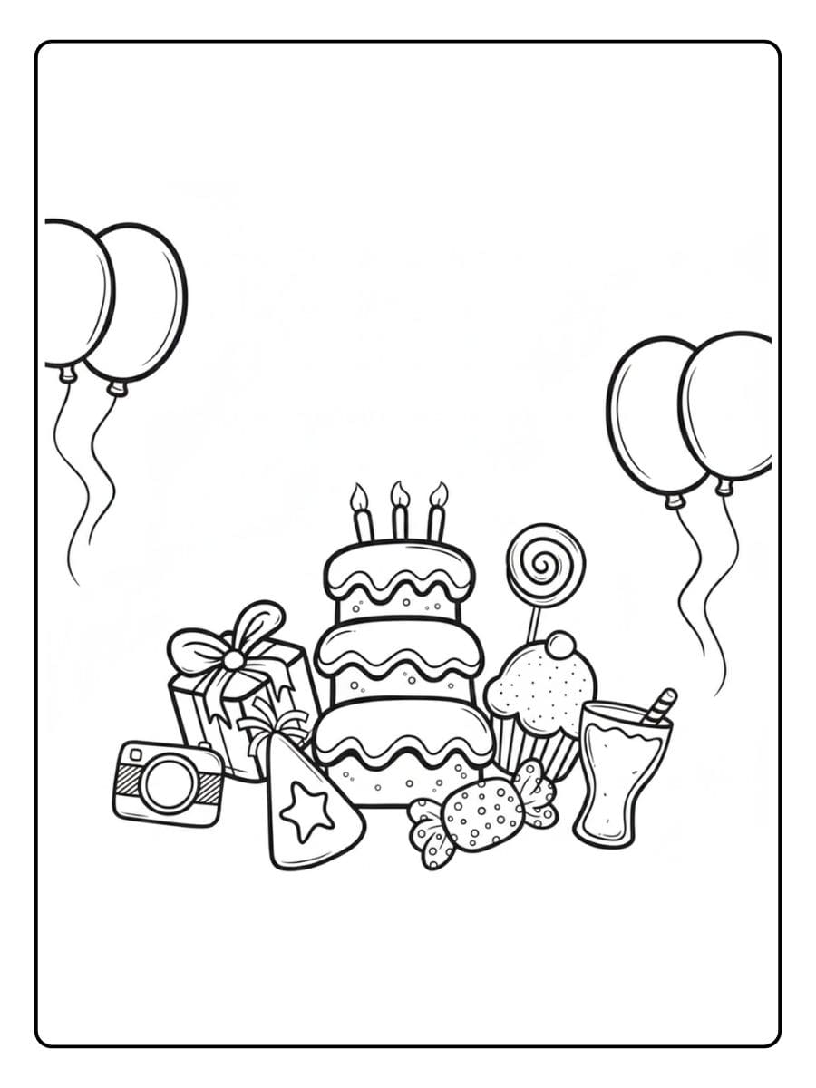 Kleurplaat verjaardag met taart en cadeautjes