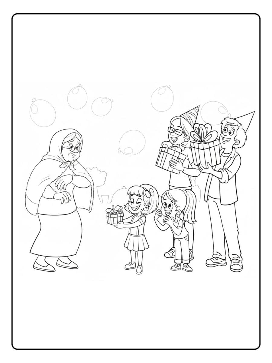 Kleurplaat verjaardag oma met familie en cadeaus
