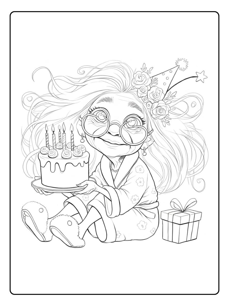 Kleurplaat verjaardag oma met taart en cadeau Leuk en eenvoudig