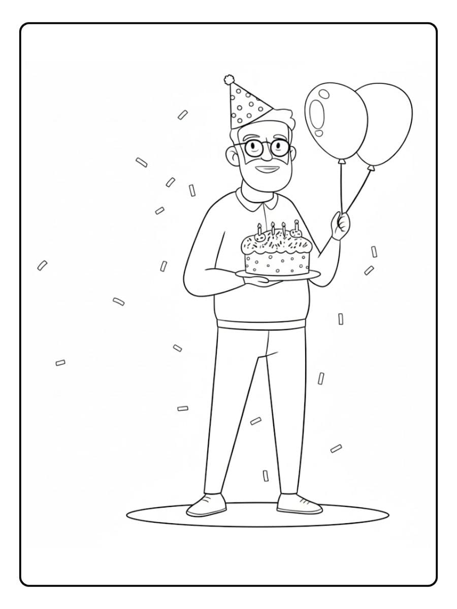 Kleurplaat verjaardag opa met taart en ballonnen (2)