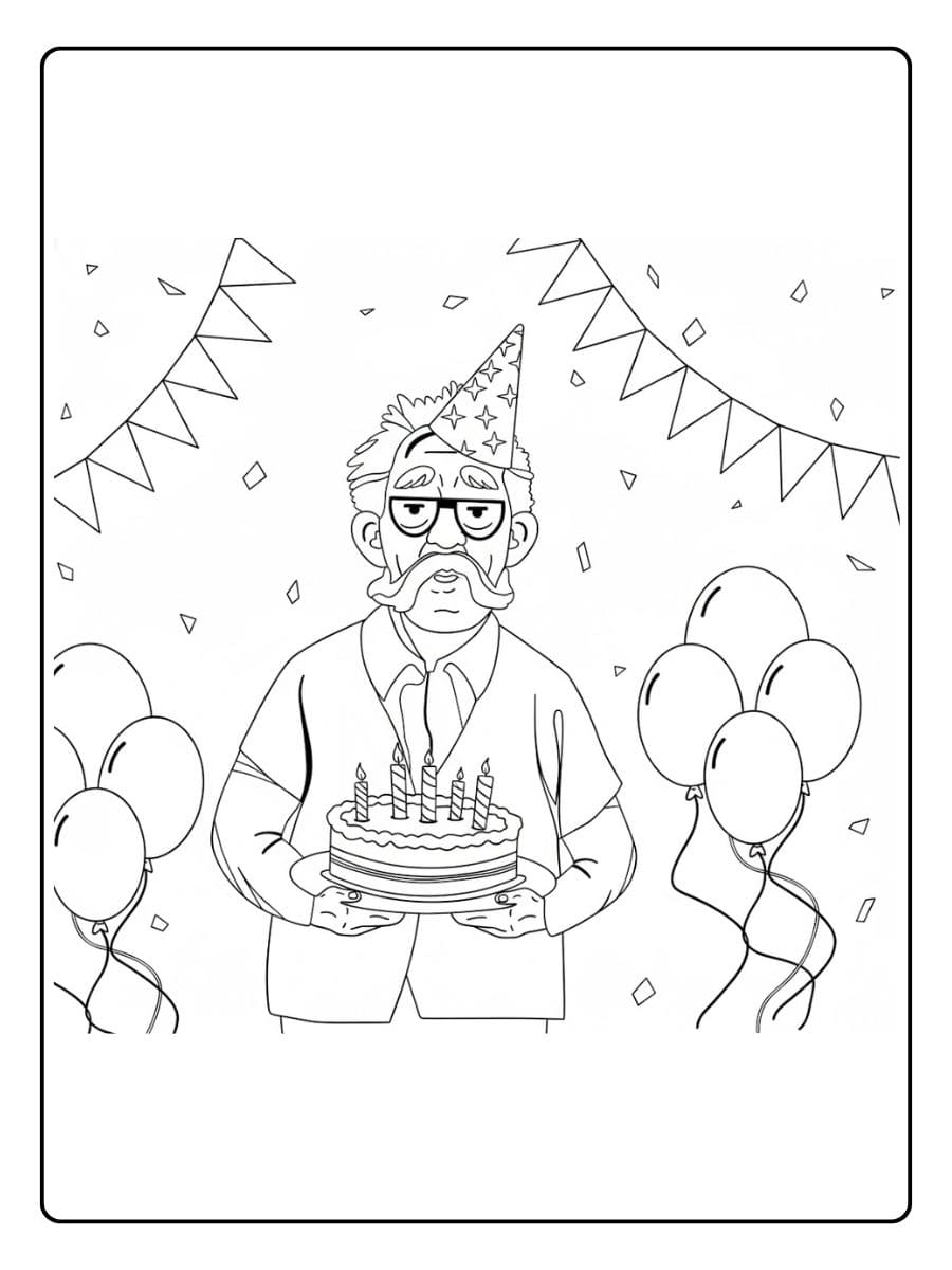 Kleurplaat verjaardag opa met taart en ballonnen Sao chép