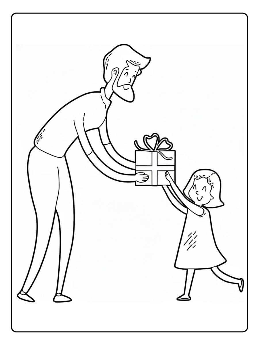 Kleurplaat verjaardag papa met dochter en cadeau