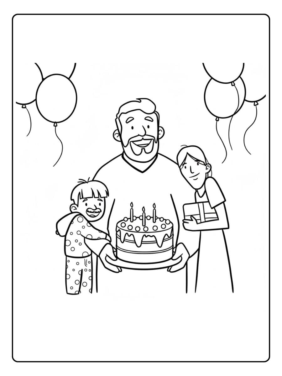 Kleurplaat verjaardag papa met gezin en taart