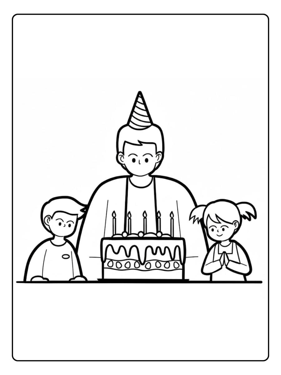 Kleurplaat verjaardag papa met kinderen en taart