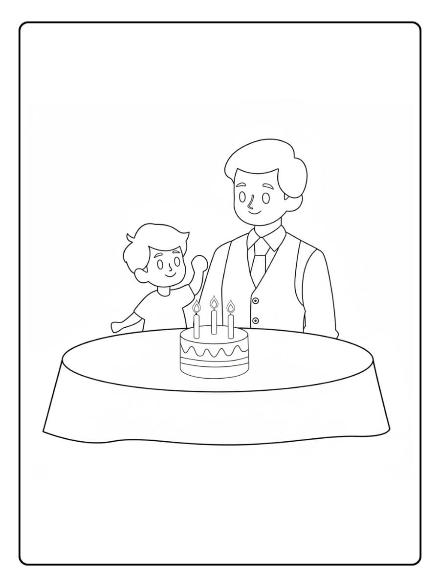 Kleurplaat verjaardag papa met zoon en taart
