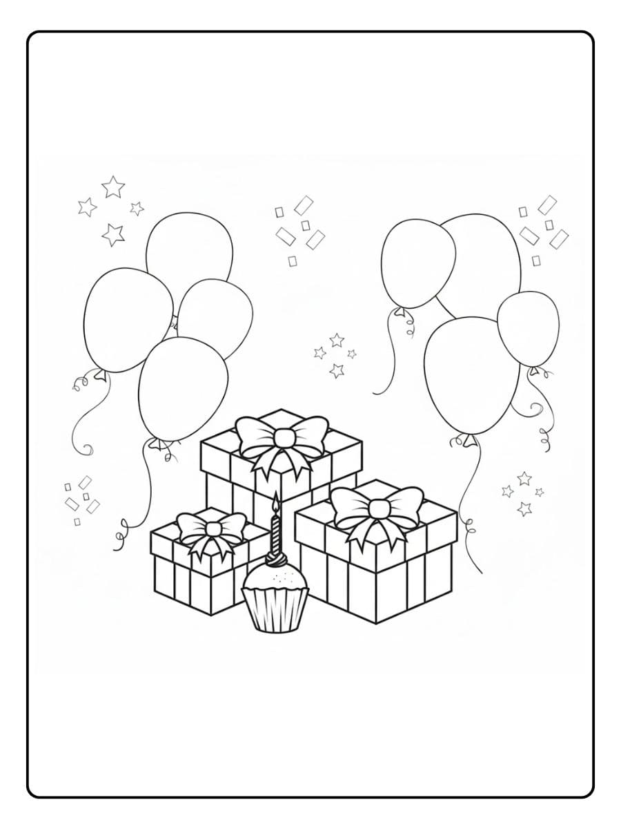 Kleurplaat verjaardagscadeaus en ballonnen