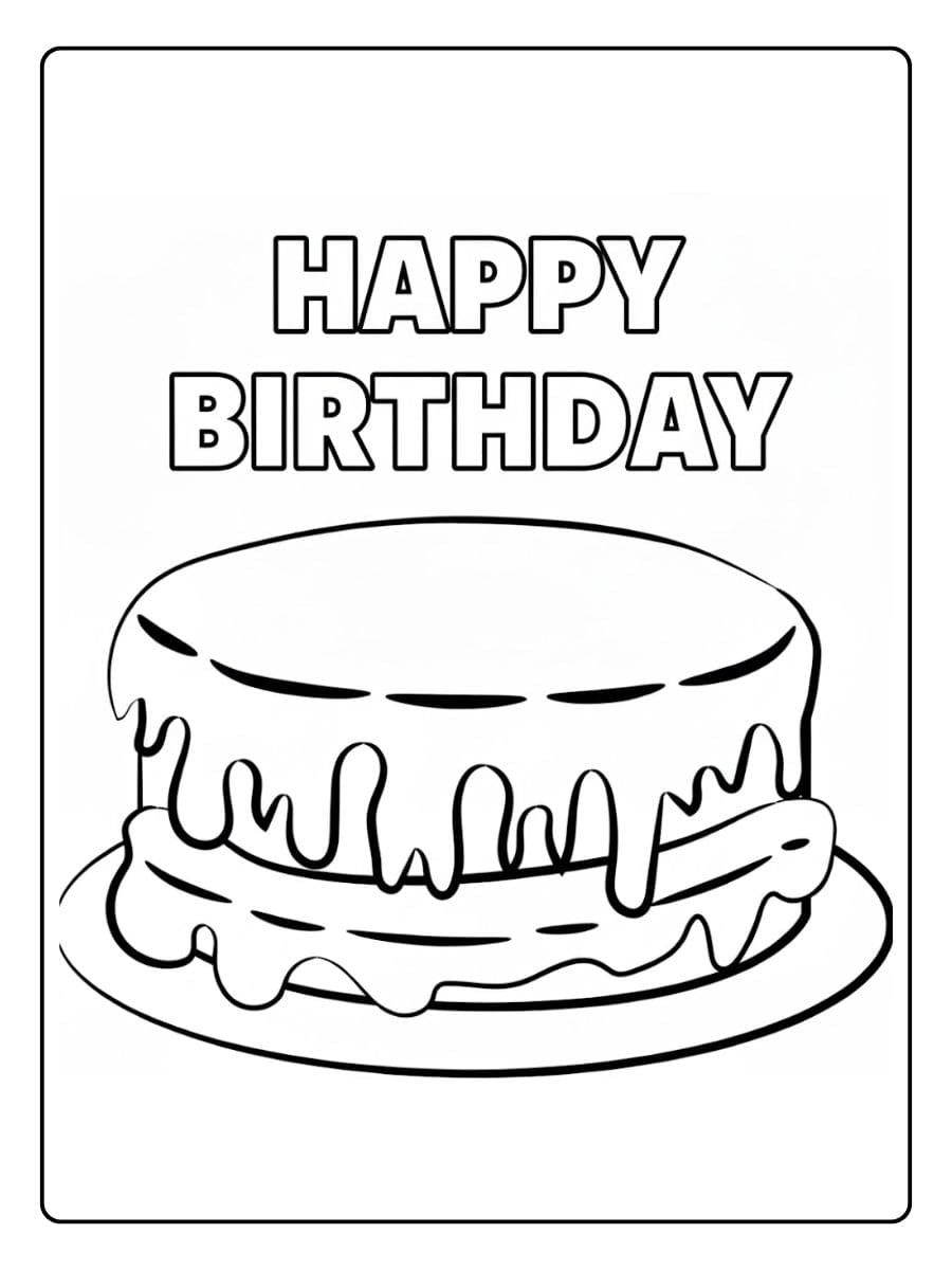 Kleurplaat verjaardagstaart met gesmolten glazuur