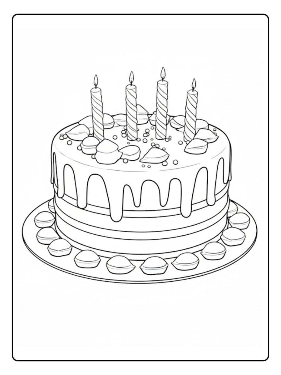 Kleurplaat verjaardagstaart met kaarsjes Print en kleur deze eenvoudige lijntekening