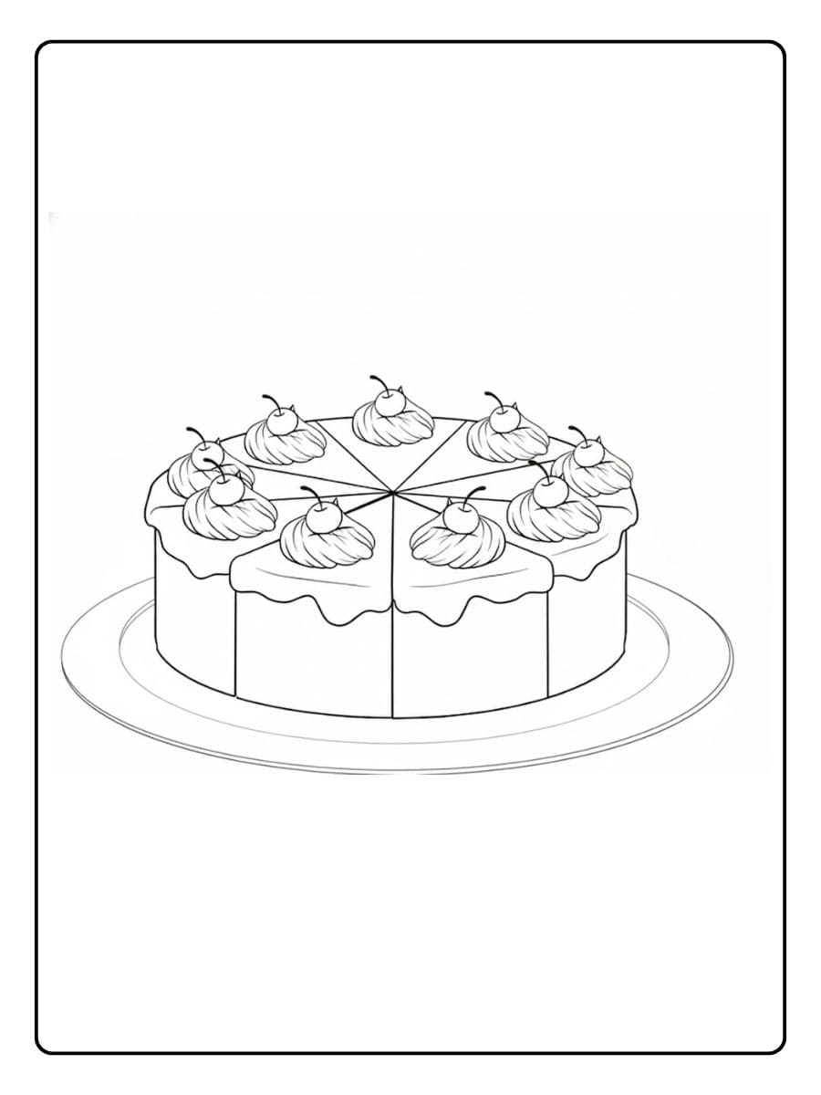 Kleurplaat verjaardagstaart met kersen