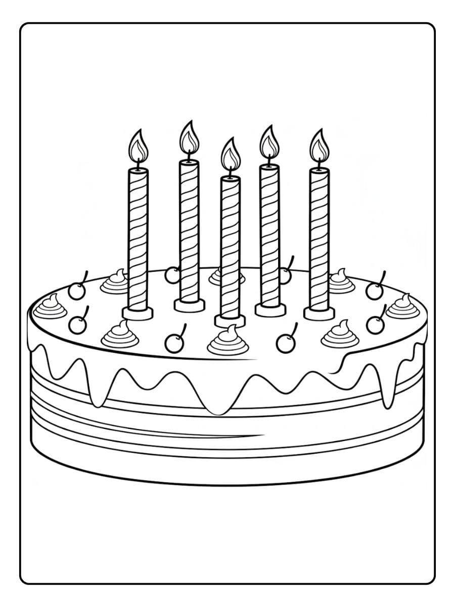 Kleurplaat verjaardagstaart met vijf kaarsjes