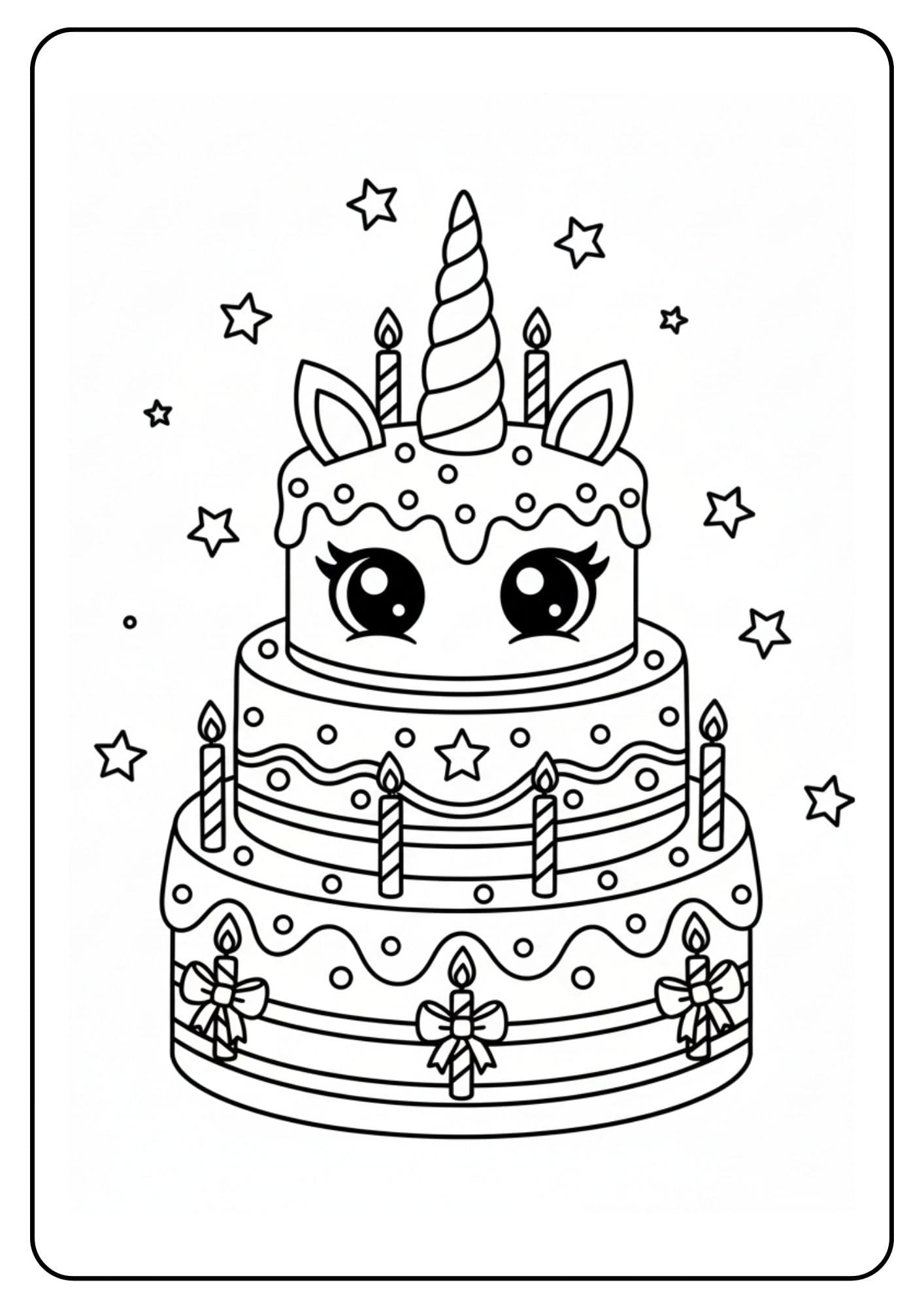 Kleurplaat vrolijke unicorn taart