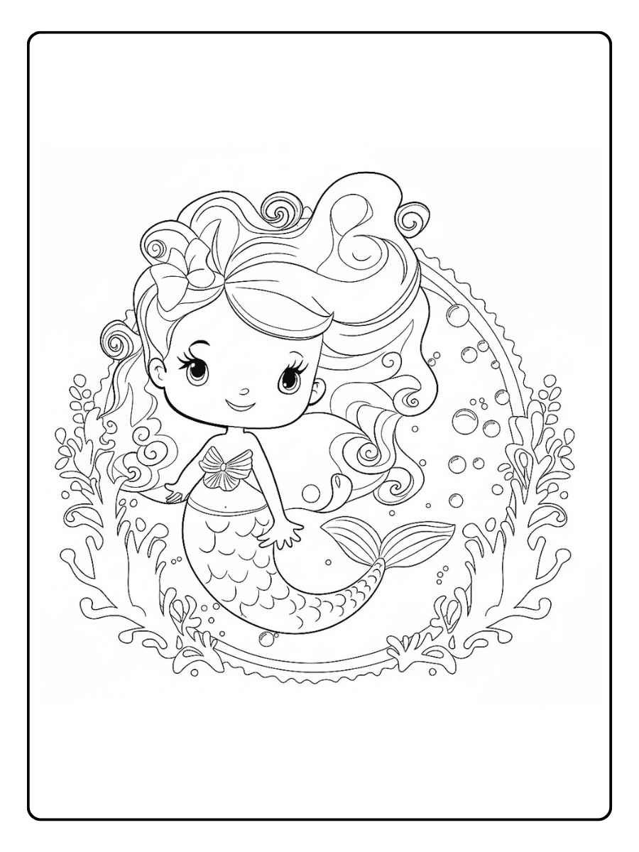 Kleurplaat zeemeermin Schattige zeemeermin in een omlijsting