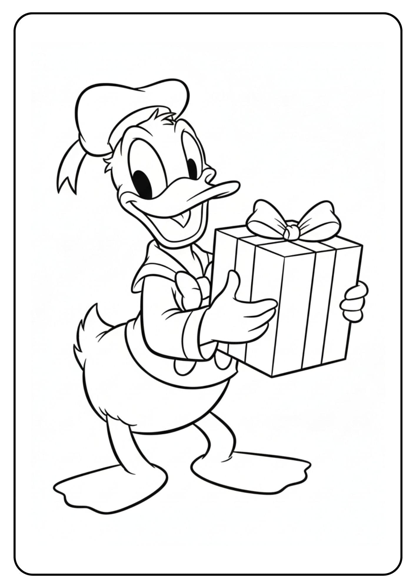 Kleurplaten van Donald Duck met cadeau