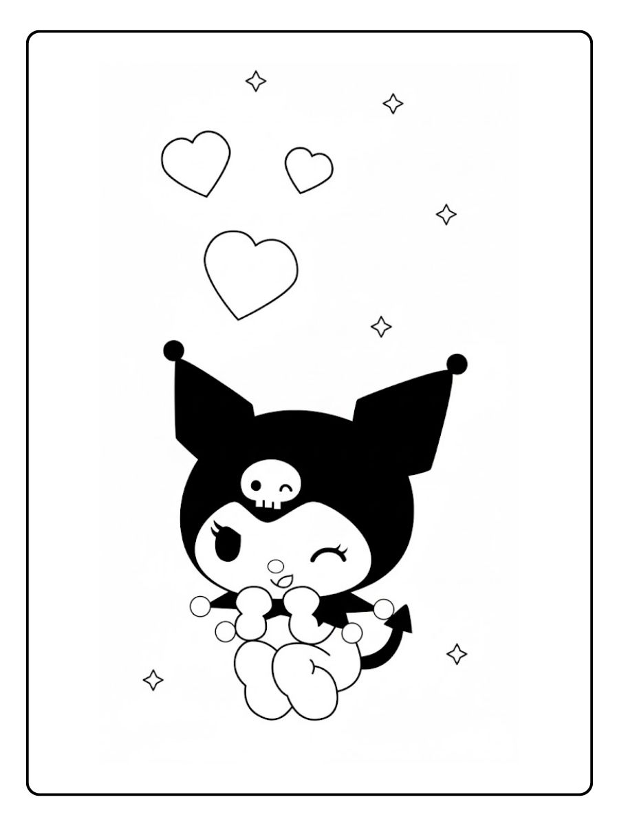 Kuromi kleurplaat cute met vallende hartjes