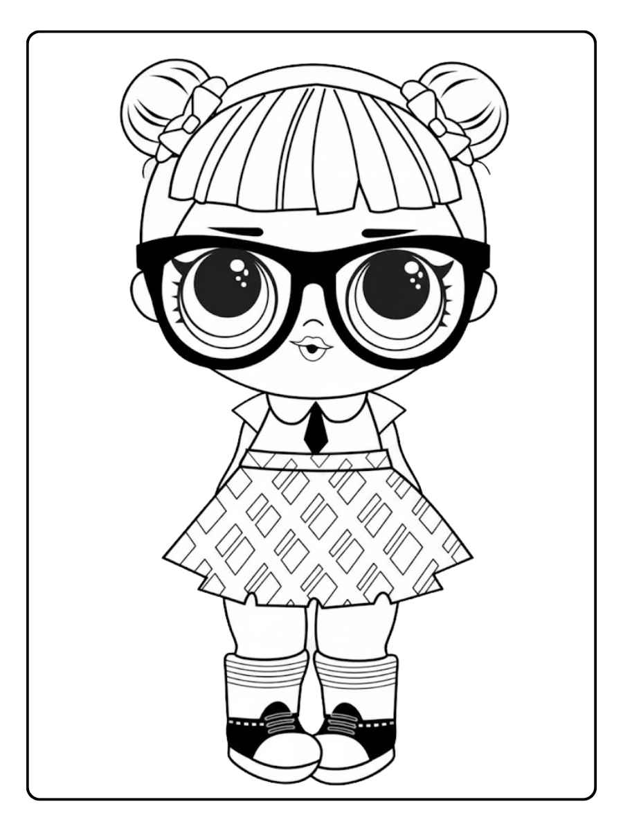 LOL kleurplaat pop met bril en jurk