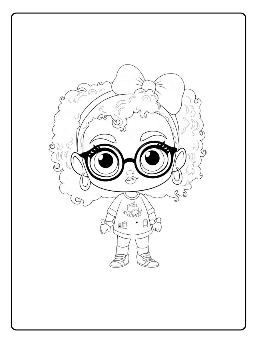 LOL kleurplaat pop met krullend haar en bril