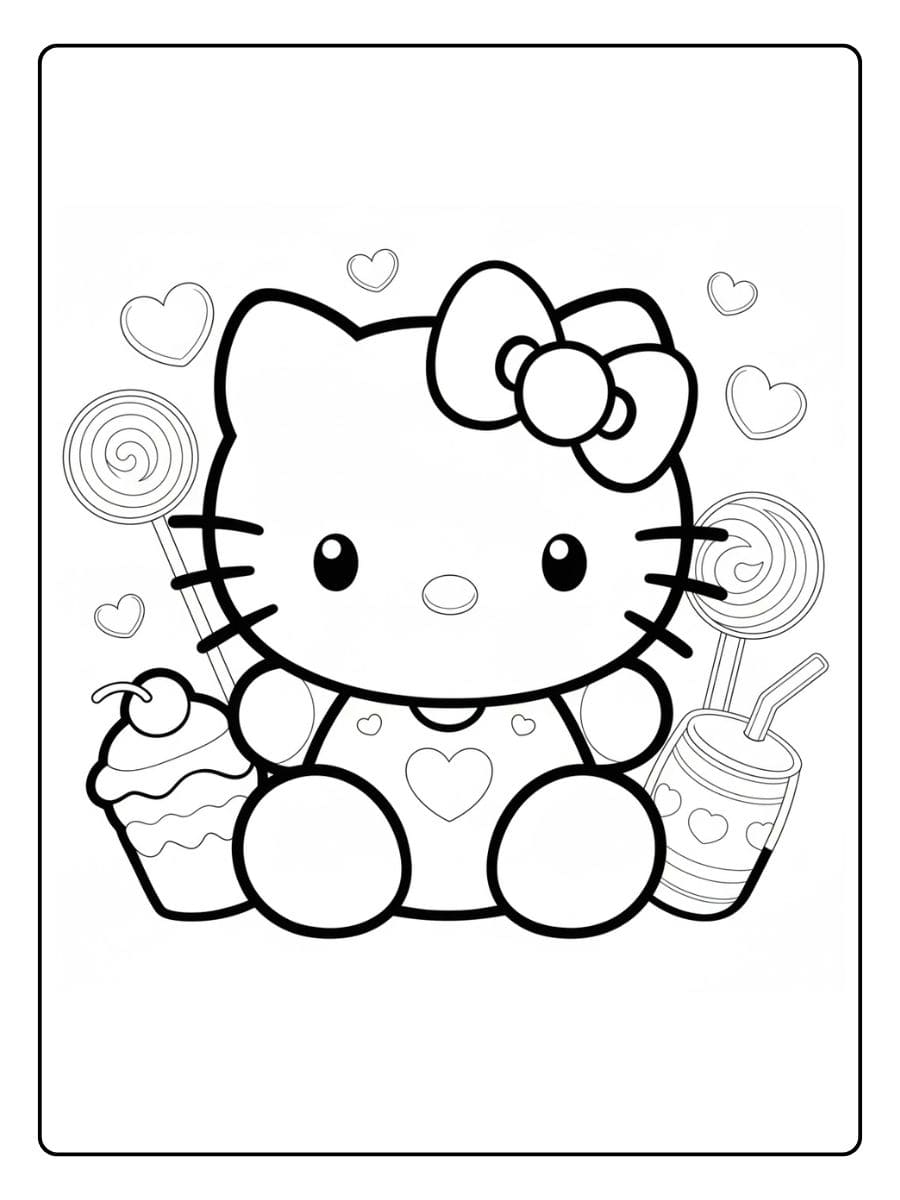 Leuke Hello Kitty kleurplaat met snoepjes en hartjes