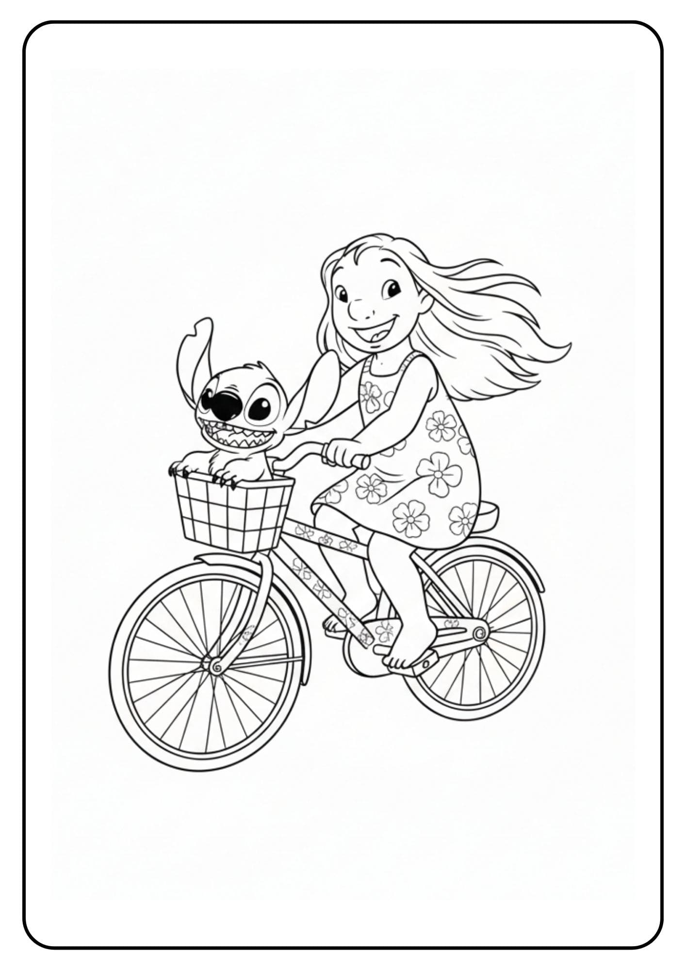 Lilo fietst met Stitch kleurplaat