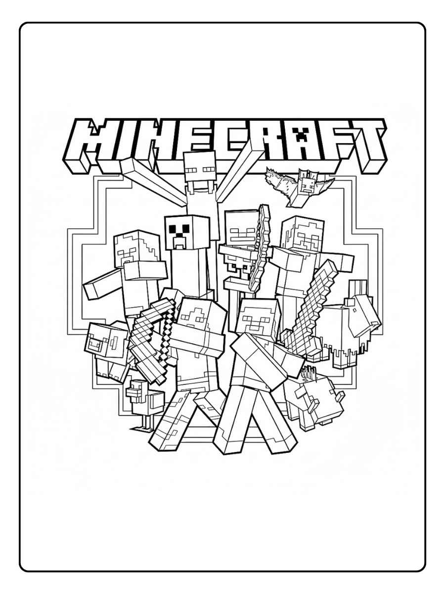 Minecraft kleurplaat Minecraft personages onder logo
