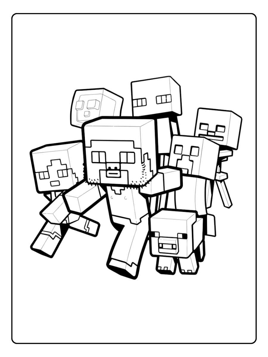 Minecraft kleurplaat Steve en vrienden samen