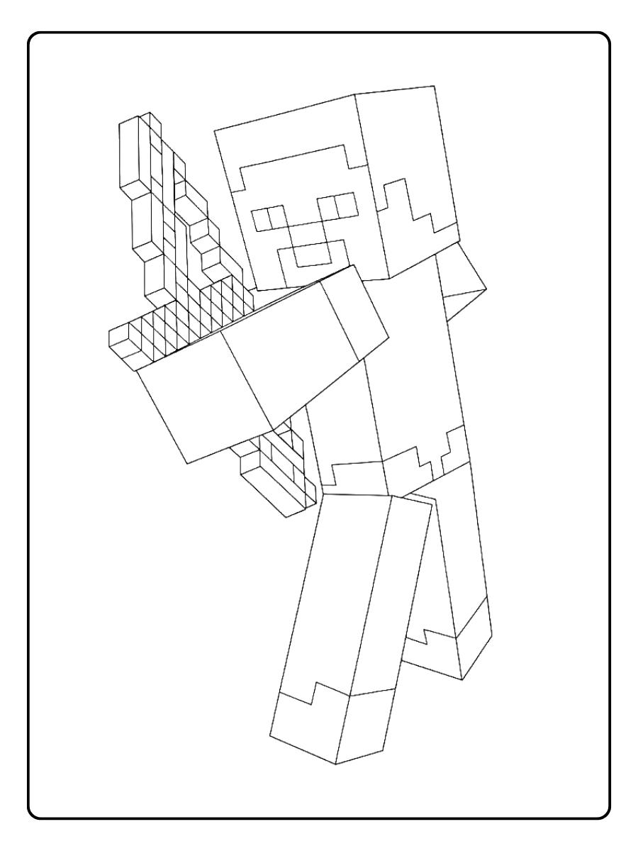 Minecraft kleurplaat Steve met zwaard in actie