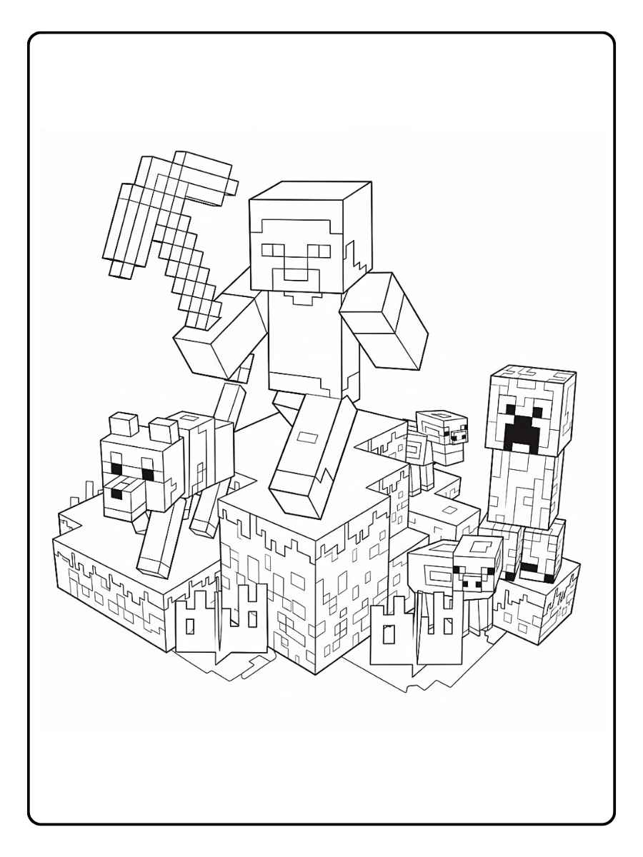 Minecraft kleurplaat Steve op blokkenwereld