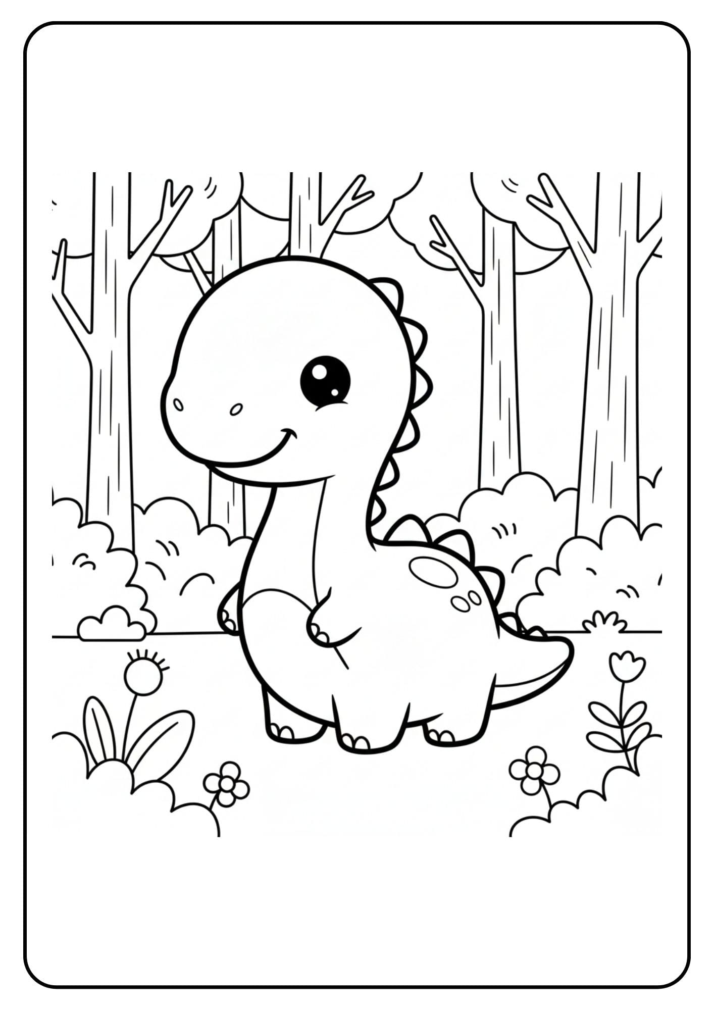 Schattige dino kleurplaat in het bos