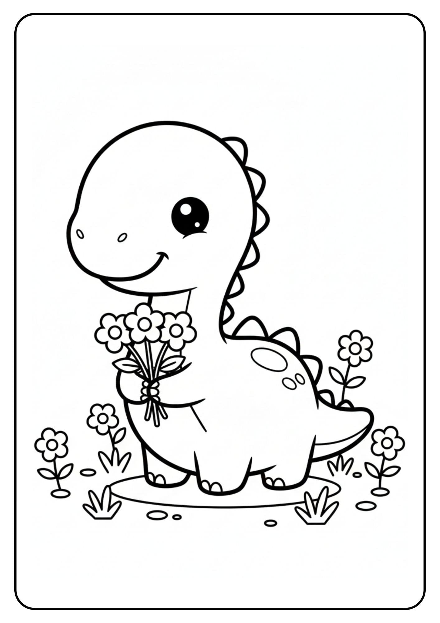 Schattige dino met bloemen kleurplaat
