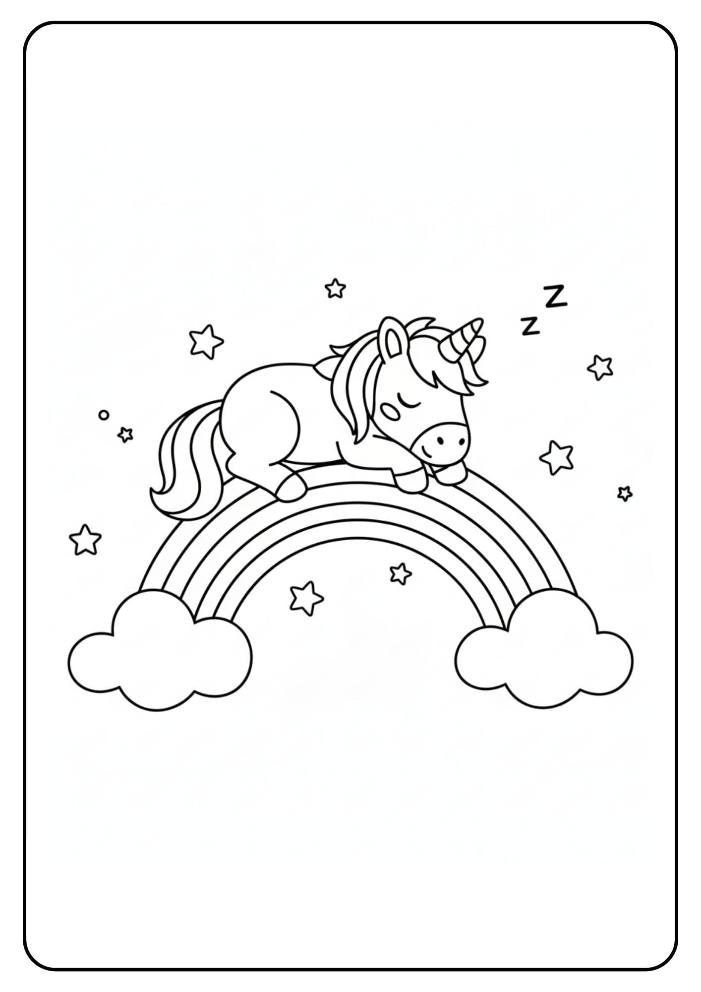 Slapende unicorn regenboog kleurplaat