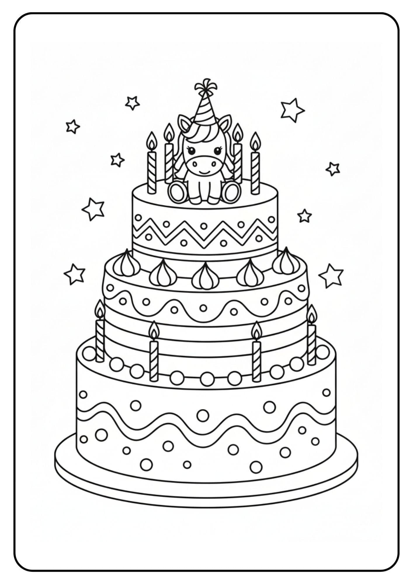 Unicorn met grote taart kleurplaat