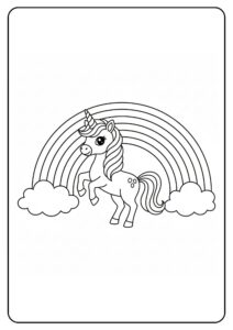 Unicorn naast regenboog kleurplaat