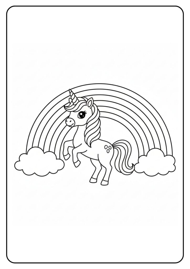 Unicorn naast regenboog kleurplaat