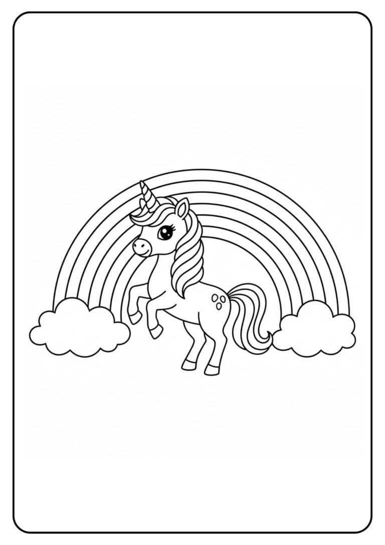 Unicorn naast regenboog kleurplaat
