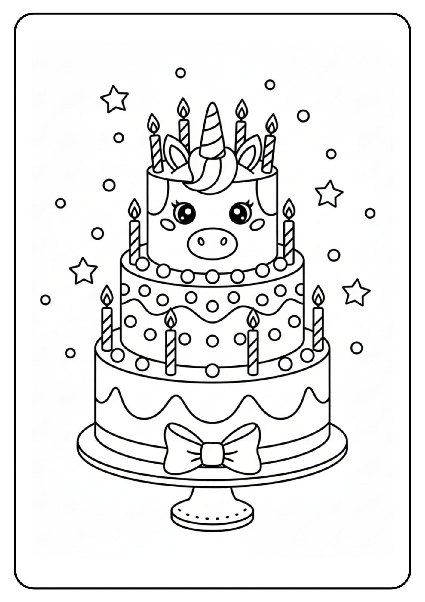 Unicorn taart tekening om te kleuren